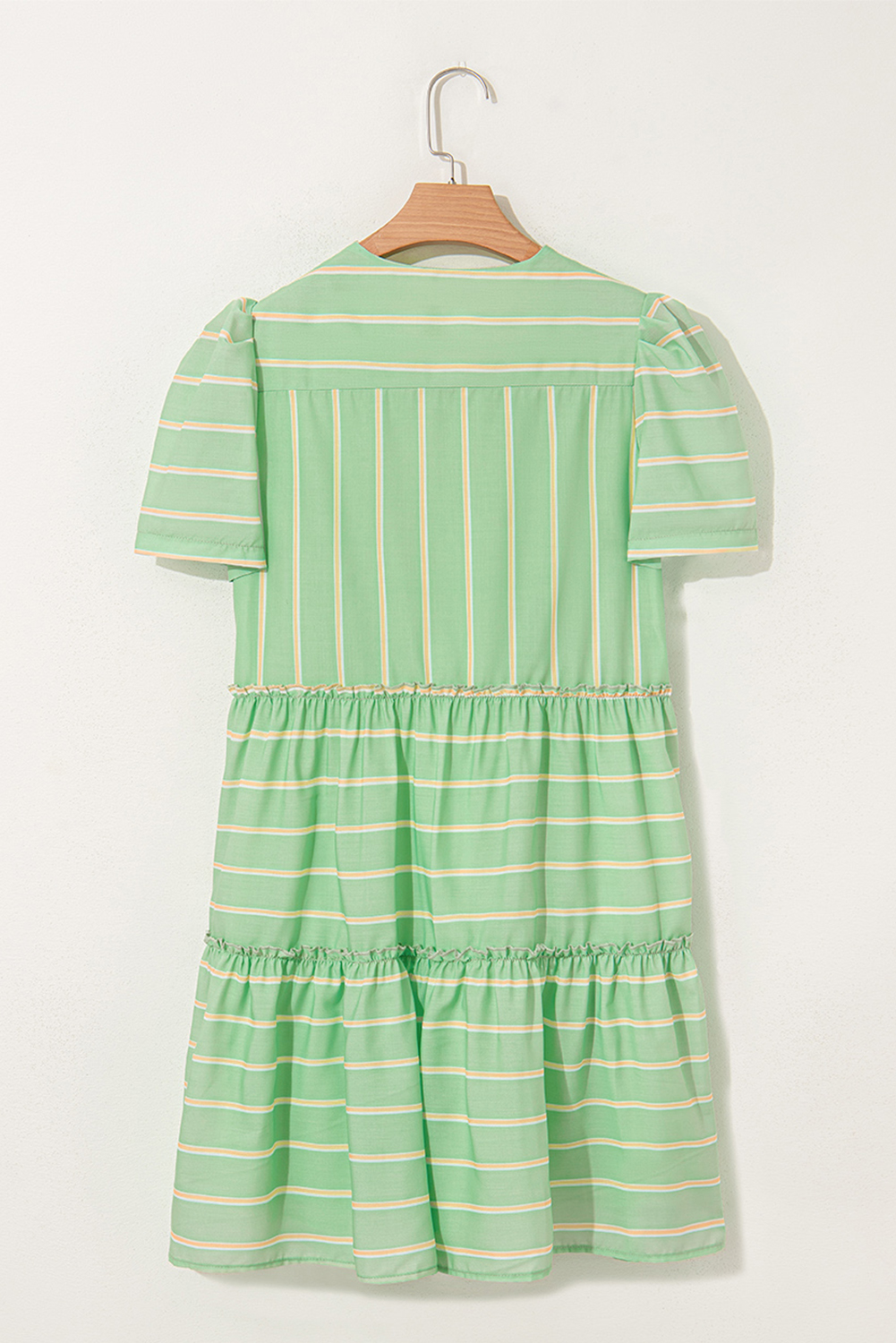Green Stripe V Neck Short Sleeve Frilled Detail A-line Dress - Image 7