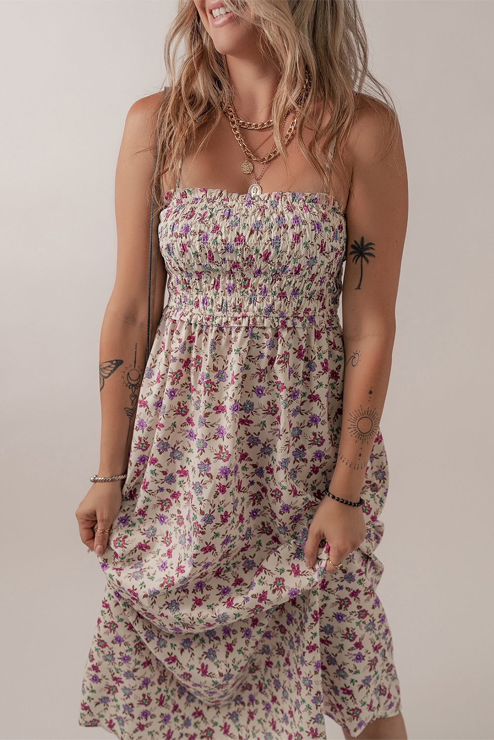 Multicolour Bohemian Ditsy Floral Smocked Fit Flare Sundress - Image 4