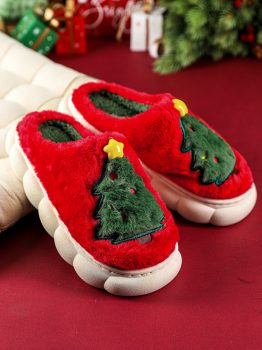 Fiery Red Christmas Tree Graphic Thick Sole Plush Slippers