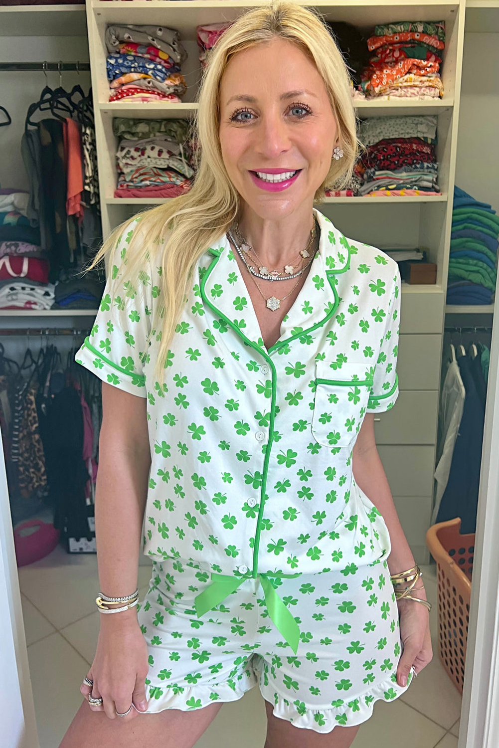 Green Clover Printed Short Sleeve and Ruffled Shorts Pajama Set - Image 2