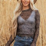 Black Western Rodeo Printed Mock Neck Long Sleeve Mesh Top