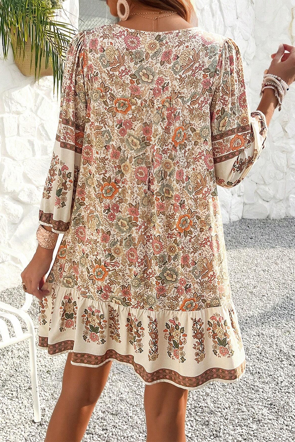 Apricot Floral Print Tassel Drawstring V Neck Loose Mini Dress - Image 2