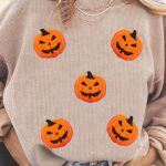 Apricot Twisted Rib Texture Chenille Halloween Pumpkin Patched Drop Shoulder Sweatshirt