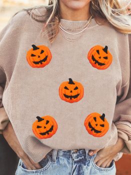 Apricot Twisted Rib Texture Chenille Halloween Pumpkin Patched Drop Shoulder Sweatshirt