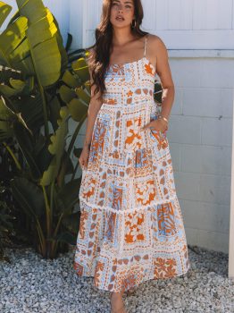Orange Multi Printed Ricrac Trim Spaghetti Straps Maxi Dress