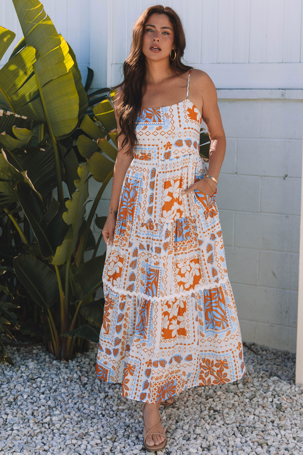Orange Multi Printed Ricrac Trim Spaghetti Straps Maxi Dress