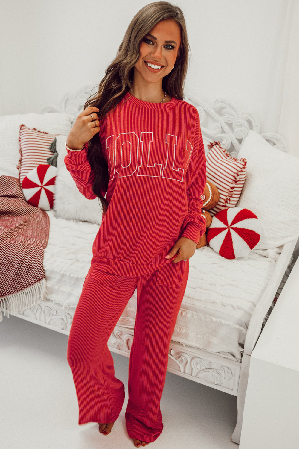 Fiery Red JOLLY Corded Long Sleeve Top and Pockets Pants Set - Image 8