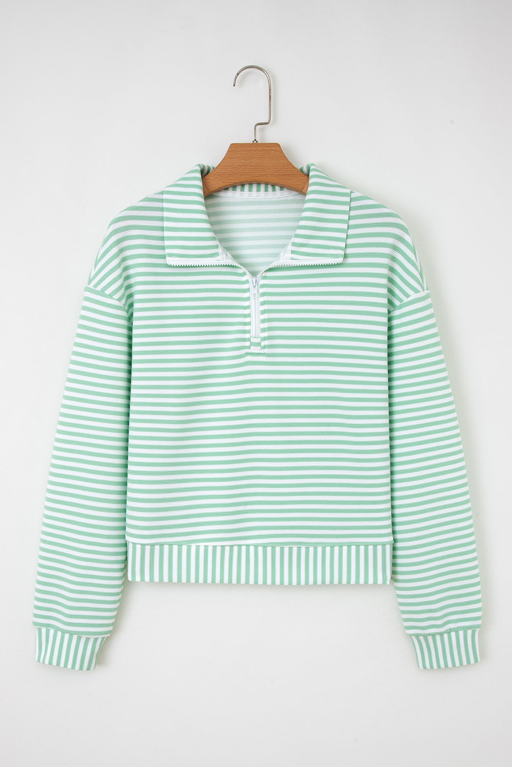 Green Stripe Quarter Zip Collar Pullover Long Sleeve Top - Image 4