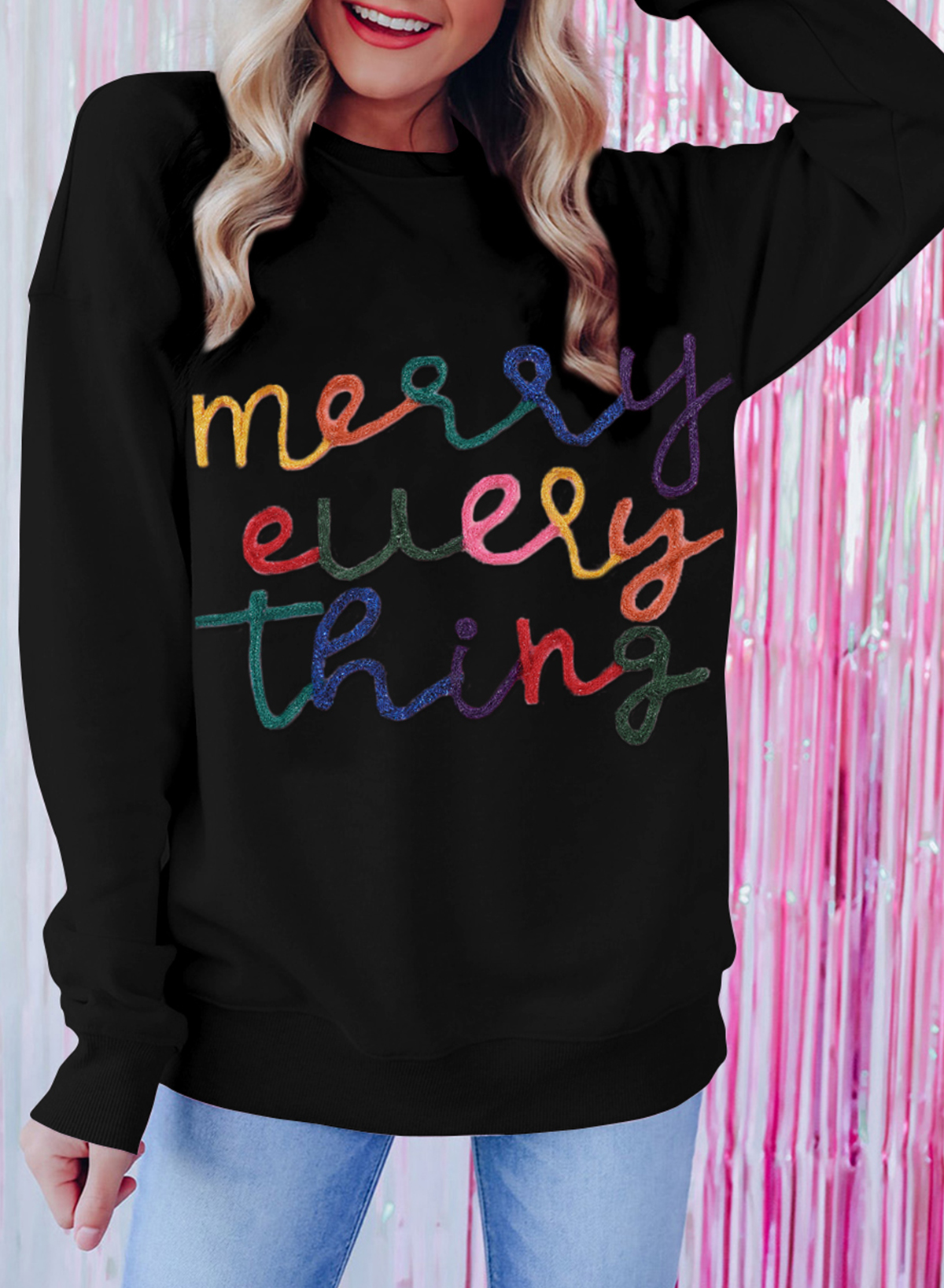 Black Merry Every Thing Tinsel Slogan Sweatshirt - Image 3