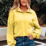 Yellow Cream Embroidered Flower Patchwork Snap Buttons Pullover Sweatshirt