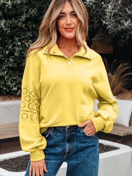 Yellow Cream Embroidered Flower Patchwork Snap Buttons Pullover Sweatshirt