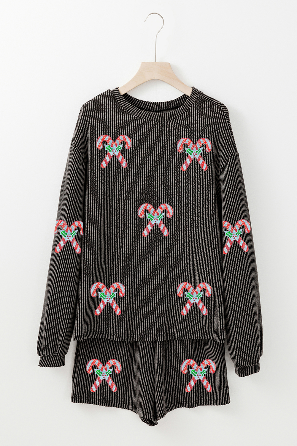 Carbon Grey Twisted Ribbed Sequin Holly Candy Cane Long Sleeve Top and Shorts 2pcs Outfit - Image 2