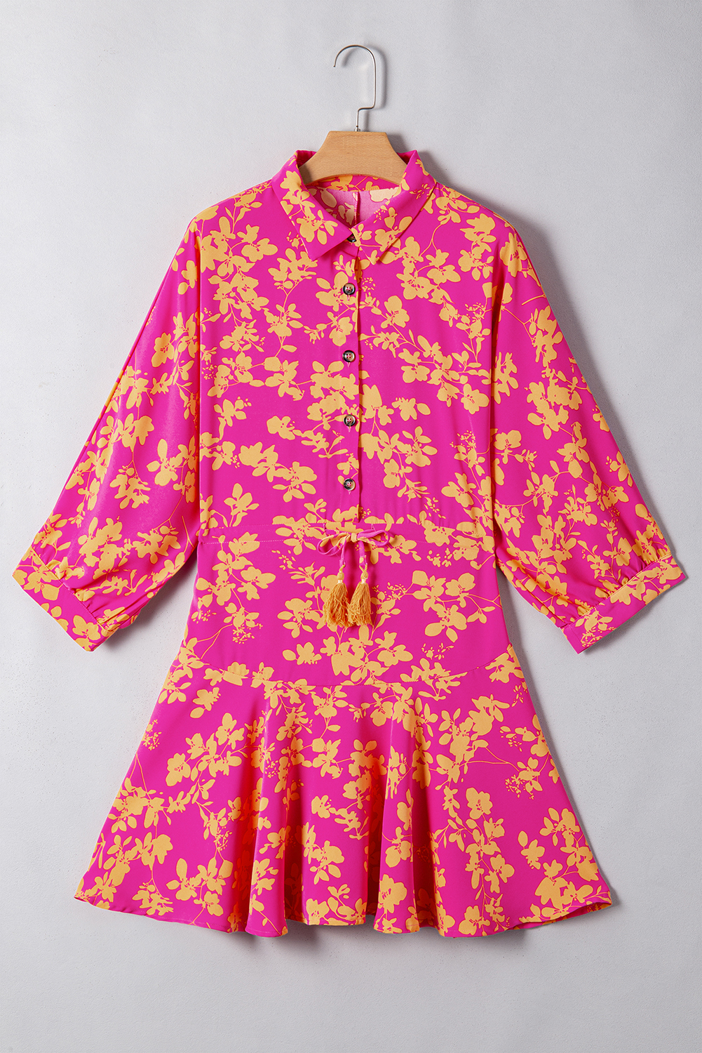 Pink Floral Print Drawstring Tunic Flowy Short Dress - Image 5