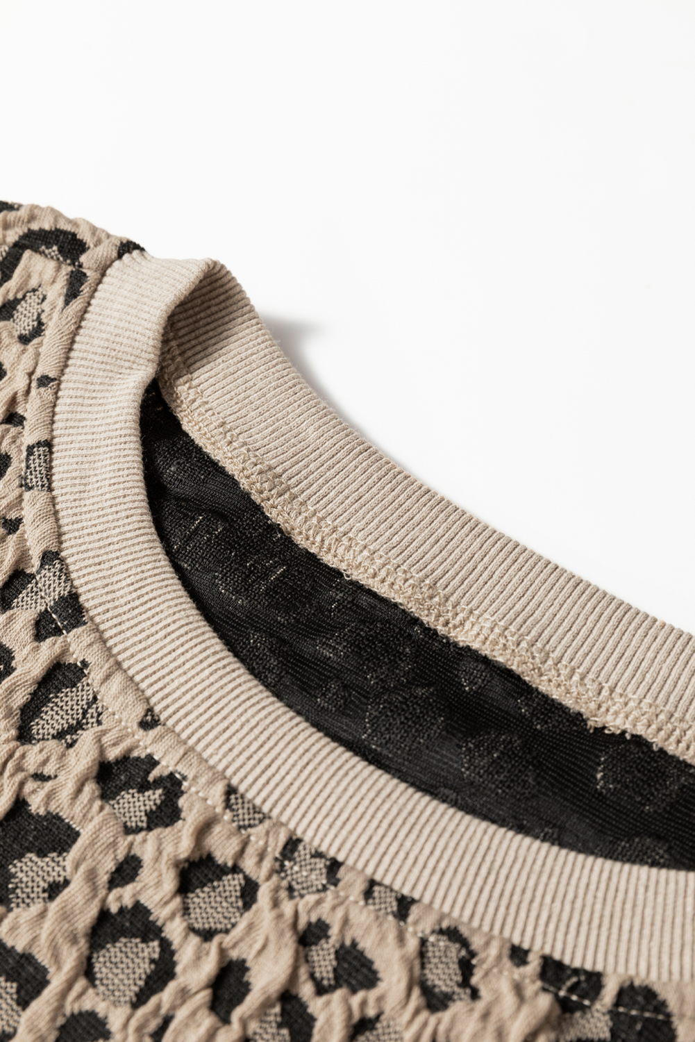 Khaki Ribbed Trim Leopard Print Long Sleeve Top - Image 8