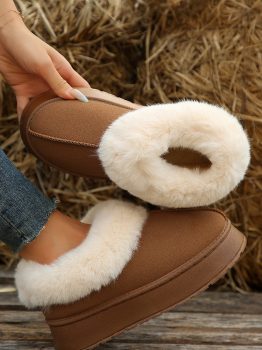 Chestnut Plush Suede Trim Thick Sole Flat Snow Boots