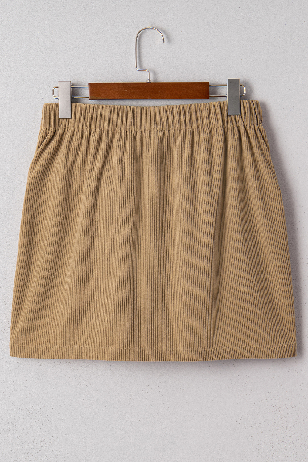 Camel Corduroy Buttoned Front Faux Pockets Mini Skirt - Image 3