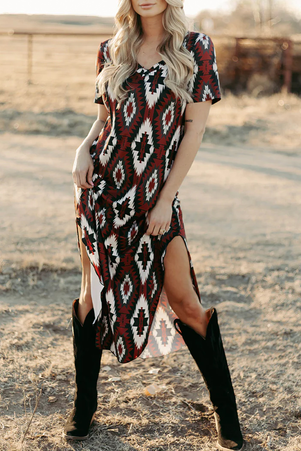 Red Western Aztec Printed Long T-shirt Dress - Image 4