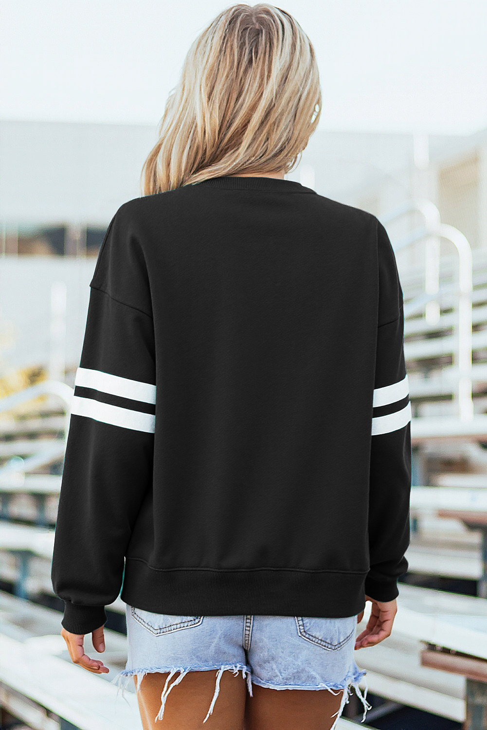 Black Varsity Striped Detail Drop Shoulder Oversized Sweatshirt - Image 2