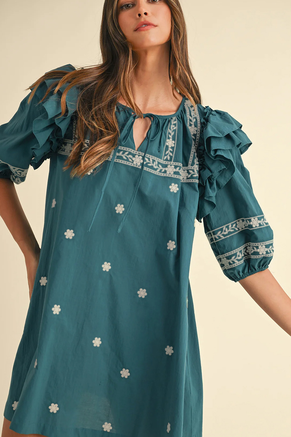 Skobeloff Boho Floral Ruffle Puff Sleeve Lace-up V Neck Mini Dress - Image 5