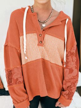 Cinnamon Waffle Printed Patchwork Drawstring Hooded Long Sleeve Top