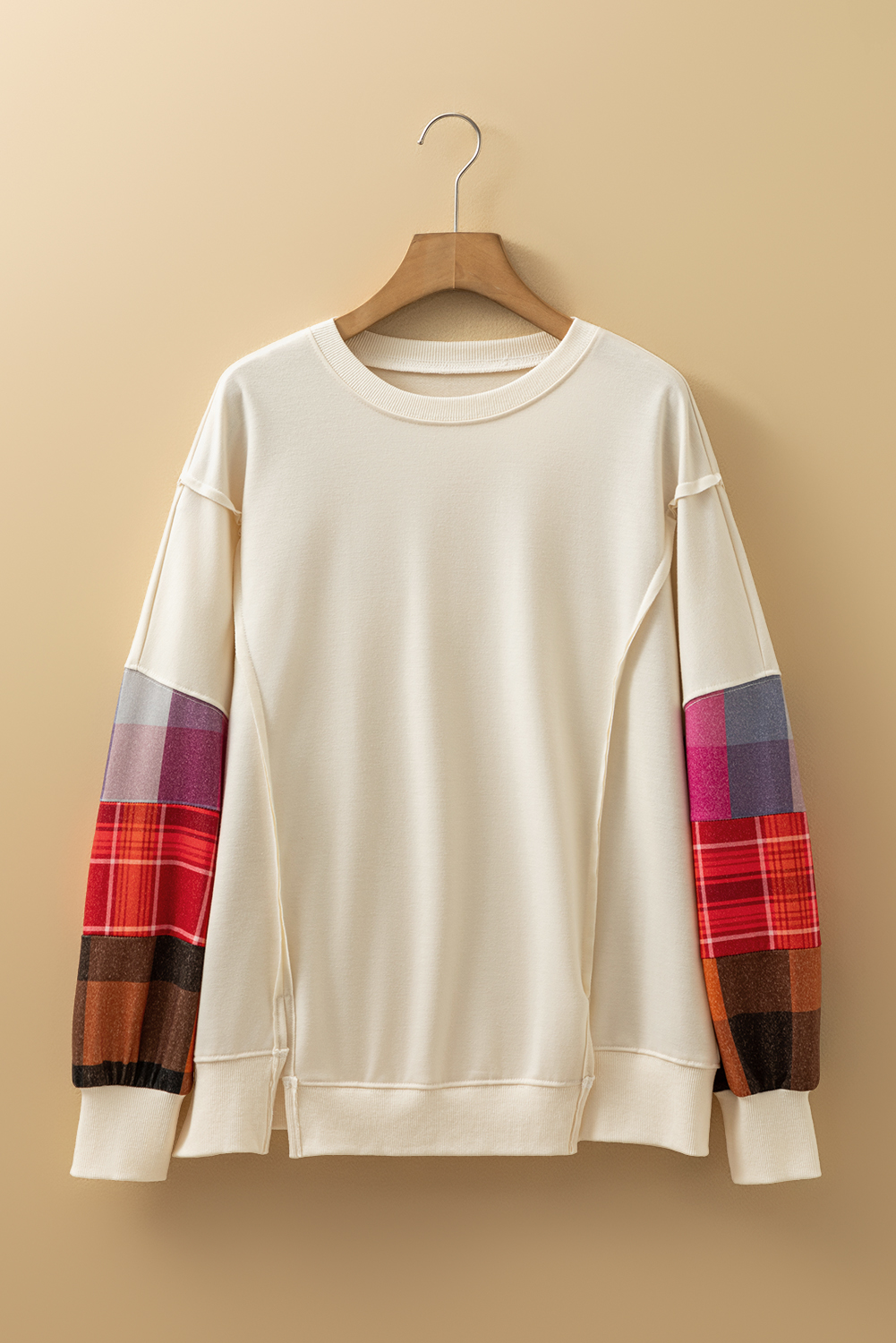 Beige Contrast Plaid Long Sleeve Exposed Seam Patchwork Top - Image 6