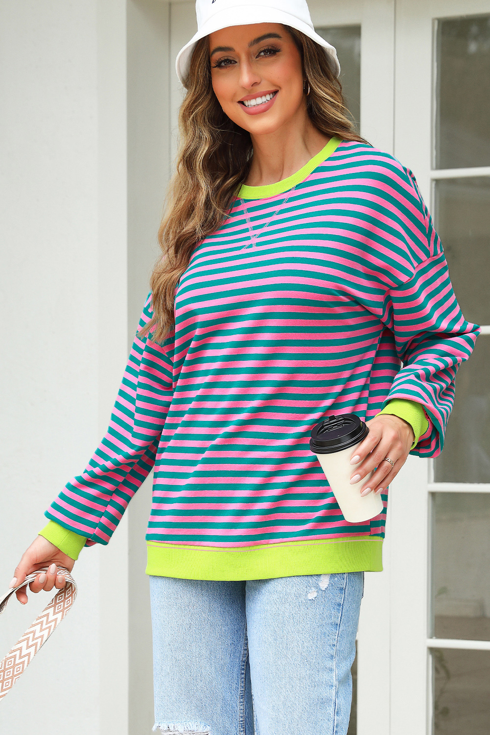Rose Stripe Contrast Ribbed Trim Crossed Stitch Drop Shoulder Sweatshirt - Image 7