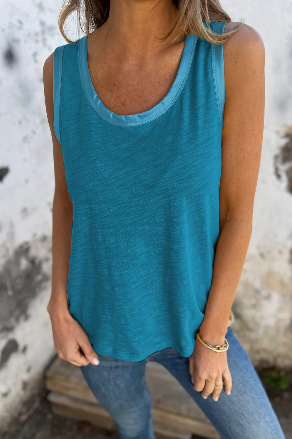 Peacock Blue Metallic Sheen Edge Scoop Neck Tank Top - Image 3