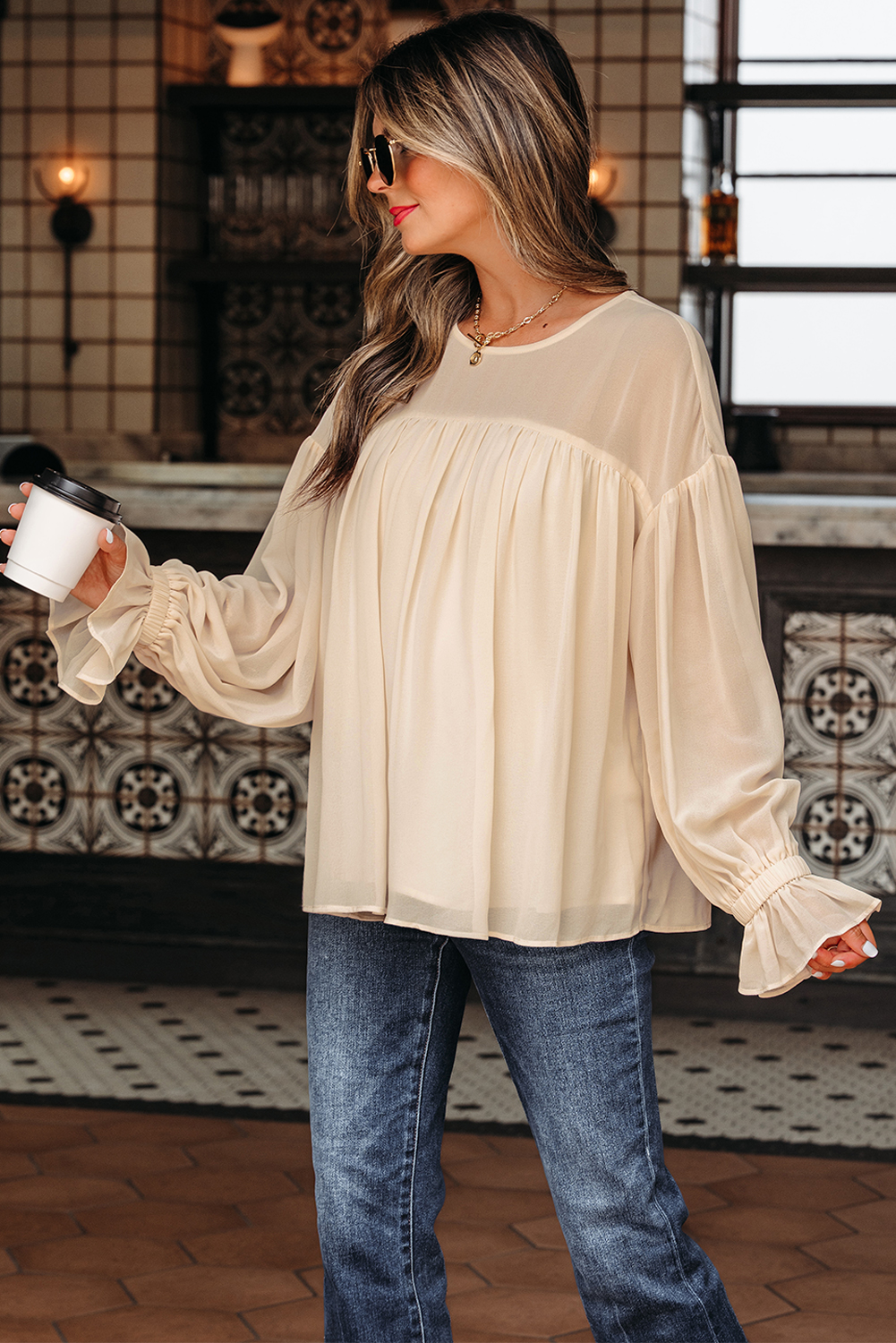 Parchment Pleated Ruffle Long Sleeve Chiffon Blouse - Image 3
