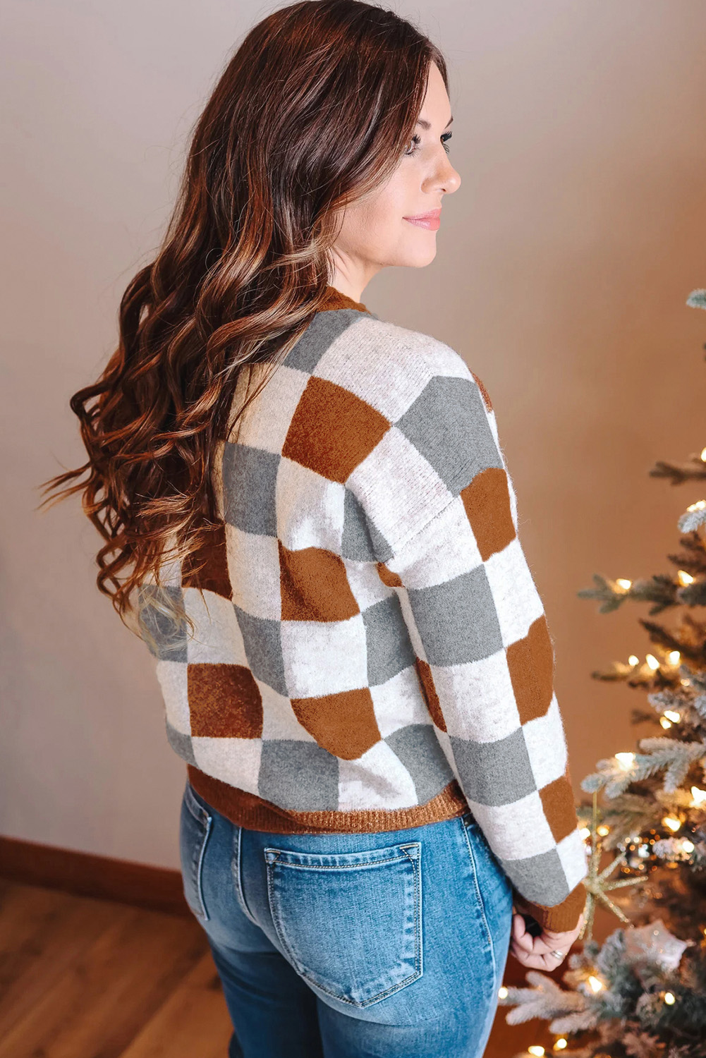 Brown Plus Size Checkered Crewneck Sweater - Image 2