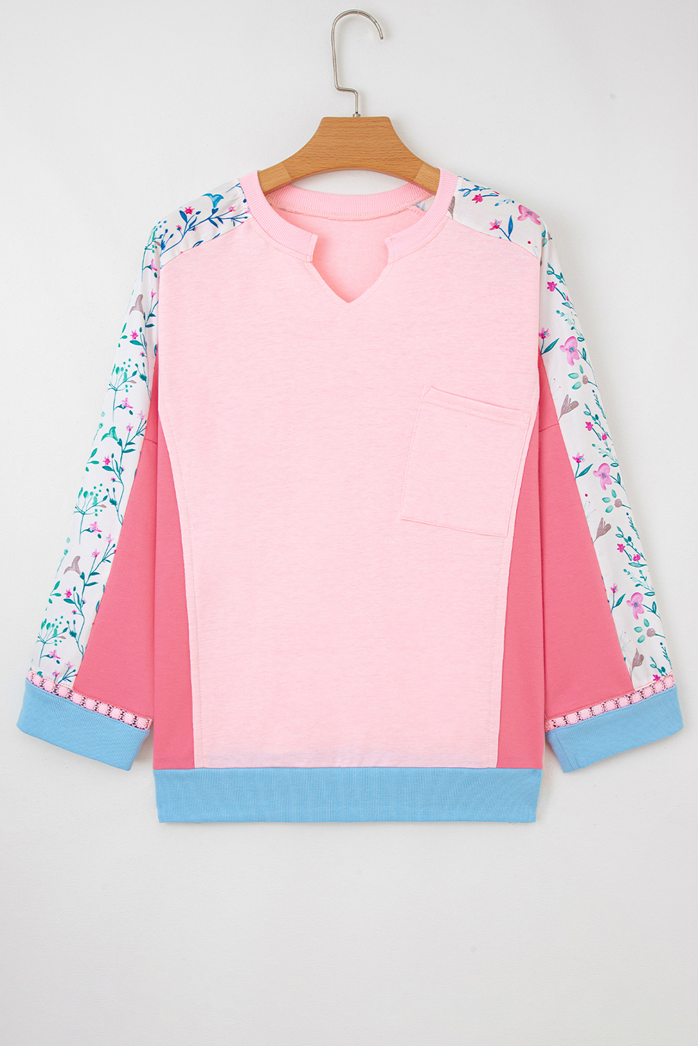 Light Pink Floral Colorblock Patchwork Chest Pocket Notched Neck Long Sleeve Top - Image 3