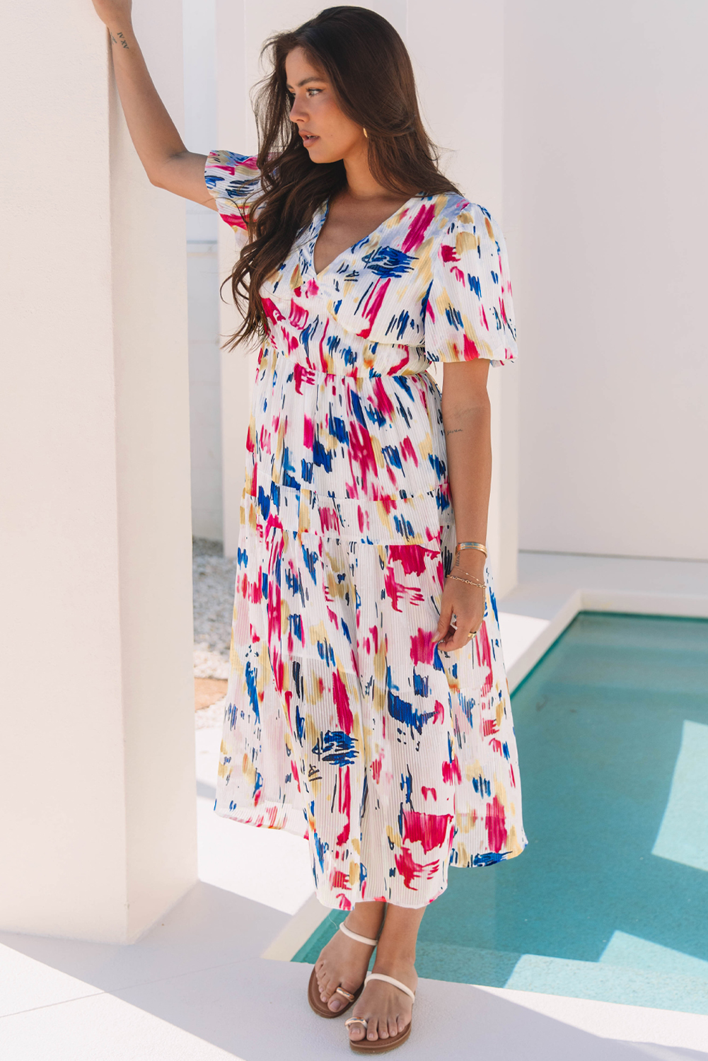 Rose Abstract Print Short Puff Sleeve Tiered Maxi Dress - Image 5