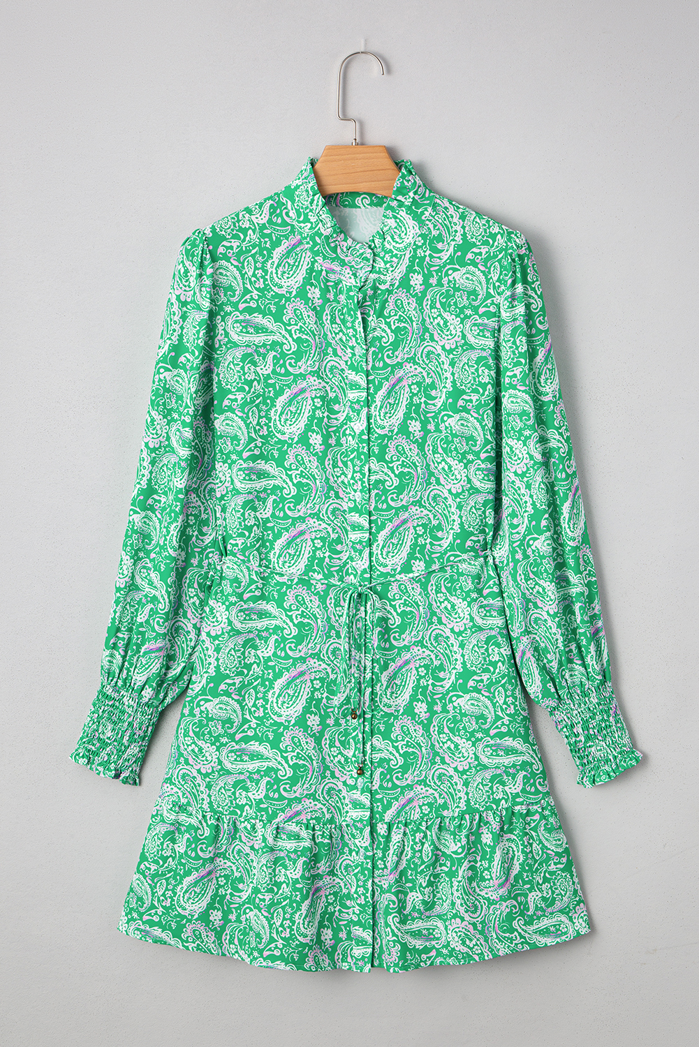 Green Paisley Print Long Sleeve Button Front Tied Waist Mini Dress - Image 3