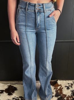 Dusk Blue 2 Button High Waist Piping Trim Bootcut Jeans