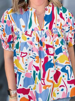 White Abstract Print Shirred Cuff Puff Sleeve Plus Size Blouse