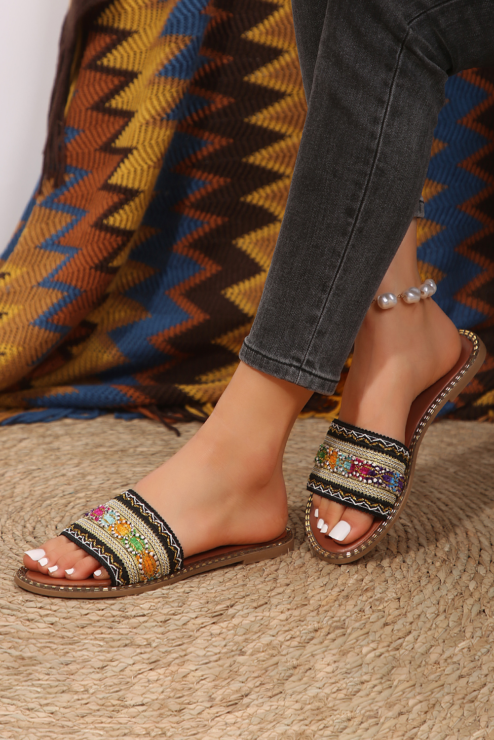 Chestnut Bohemian Pattern Crochet Faux Leather Beach Slippers - Image 5