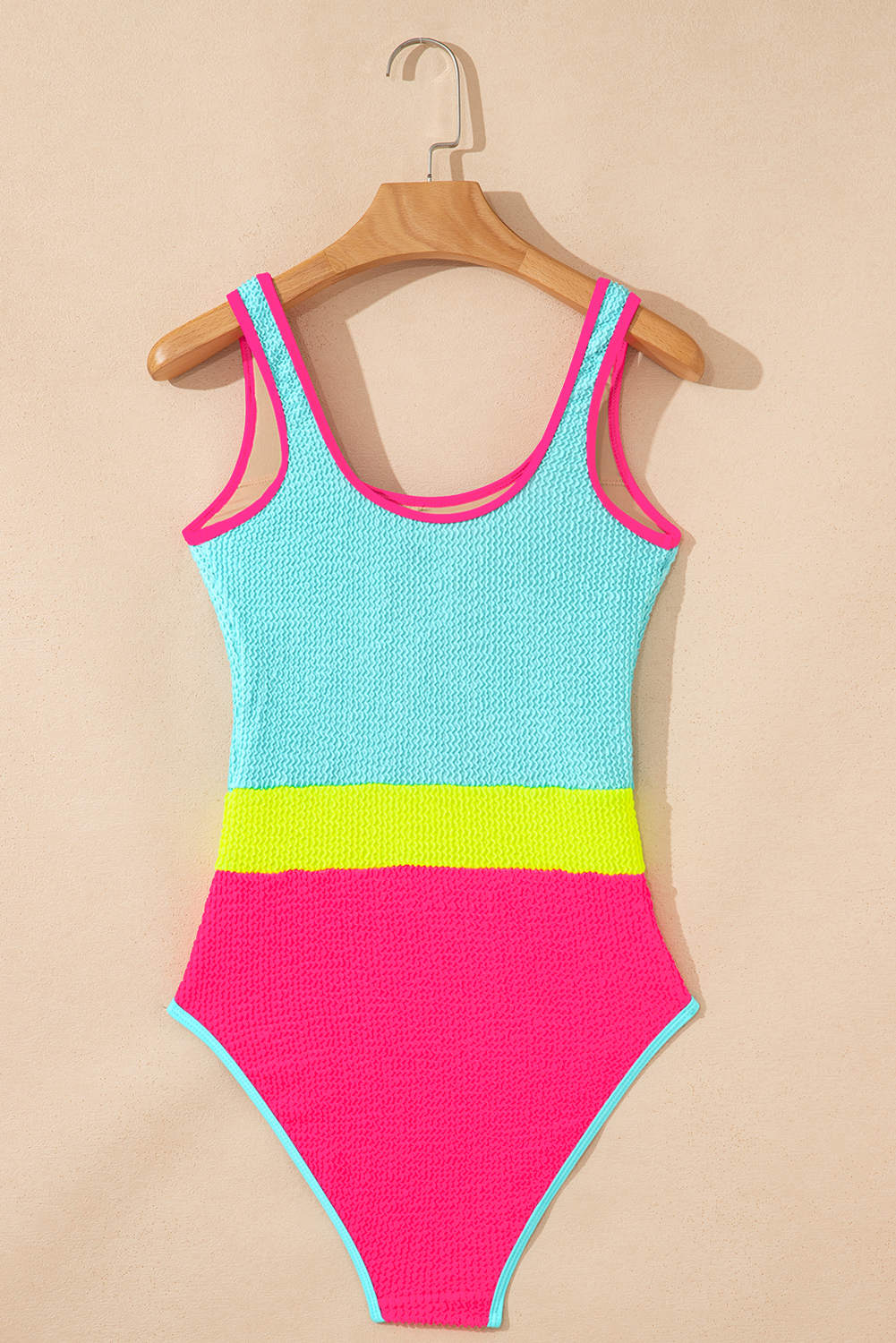 Iceland Blue Textured Color Block Patchwork One Piece Swimsuit - Image 8