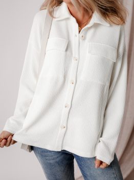 White Solid Color Corduroy Buttoned Long Sleeve Jacket