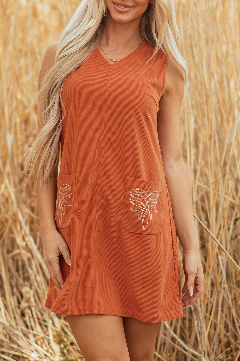 Gold Flame Corduroy Western Embroidered Patched Pocket Shift Sleeveless Mini Dress - Image 8