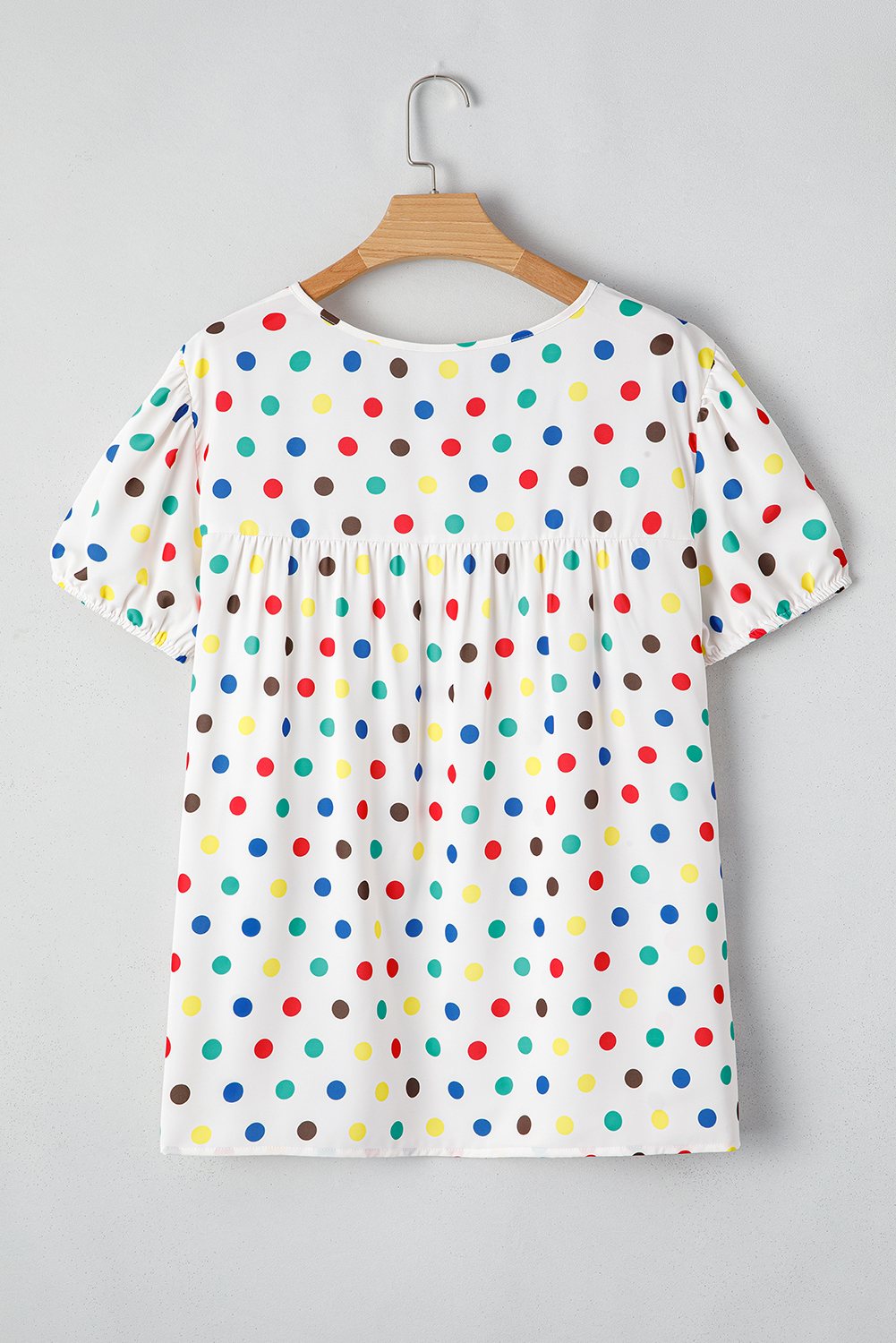 Apricot Plus Size Colorful Polka Dots Tie Neck Puff Sleeve Blouse - Image 5