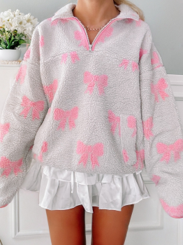 Gray Bow Sherpa Quarter Zip Drop Shoulder Baggy Sweatshirt