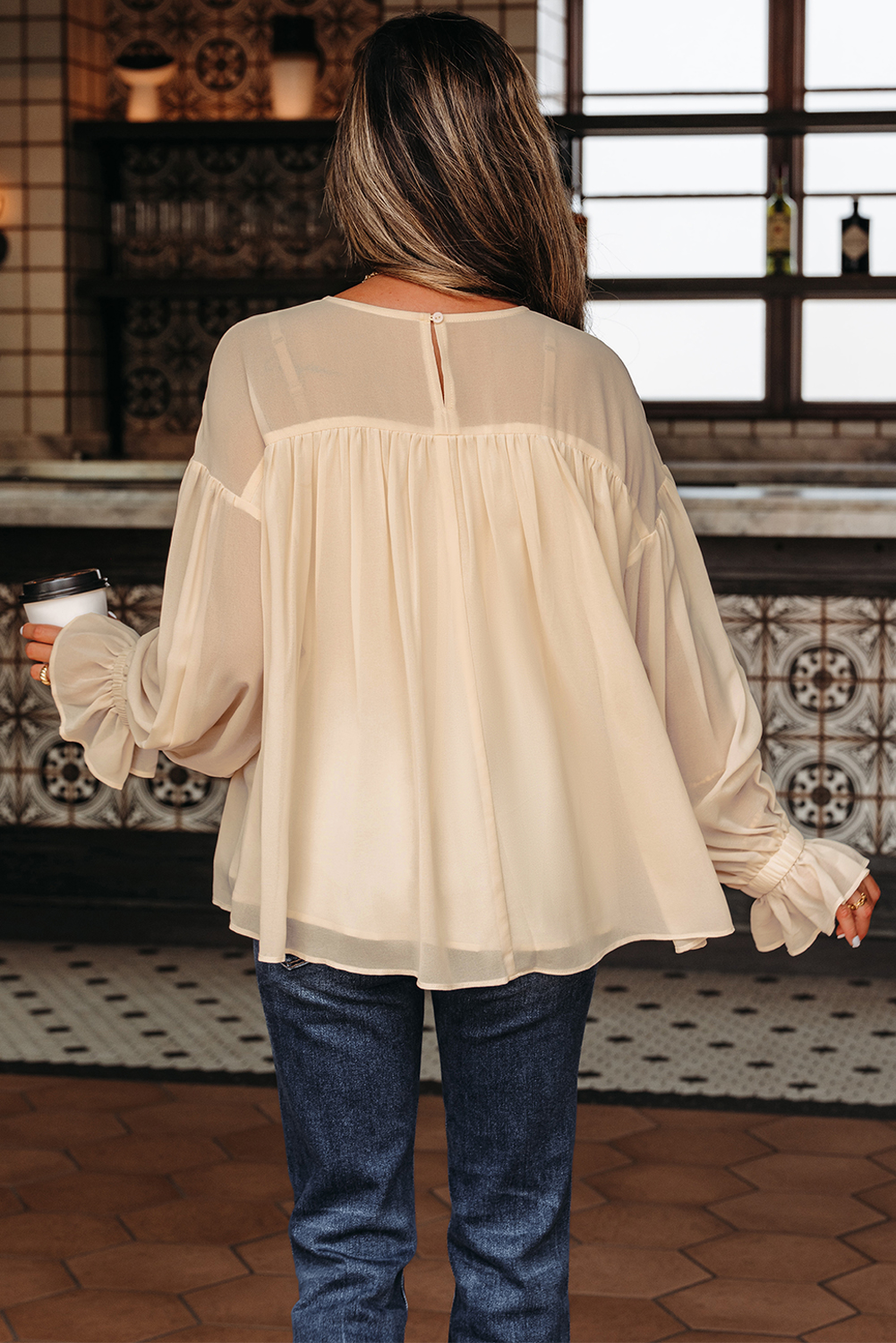 Parchment Pleated Ruffle Long Sleeve Chiffon Blouse - Image 2