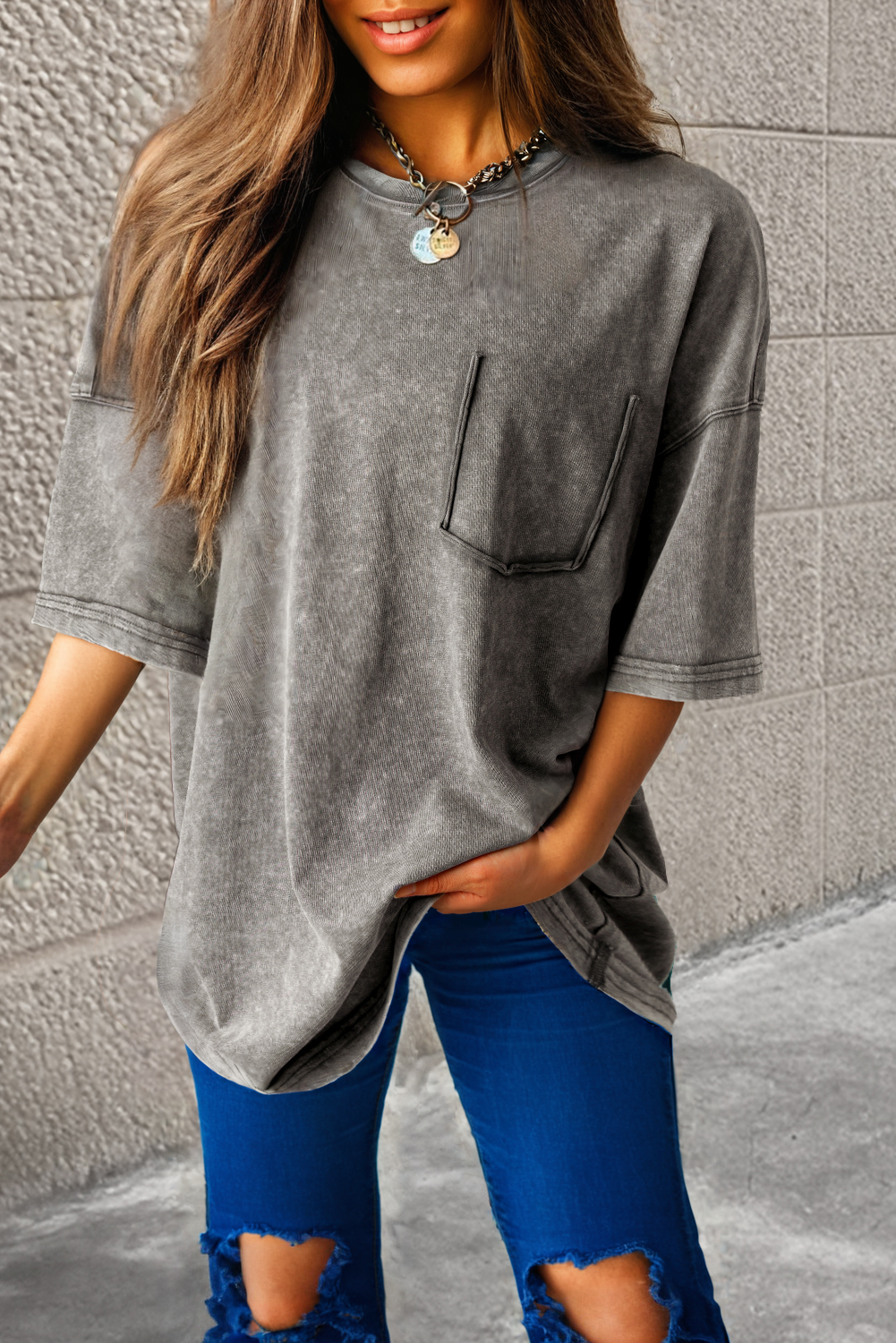 Philippine Gray Mineral Wash Half Sleeve Boyfriend Vintage T Shirt - Image 2