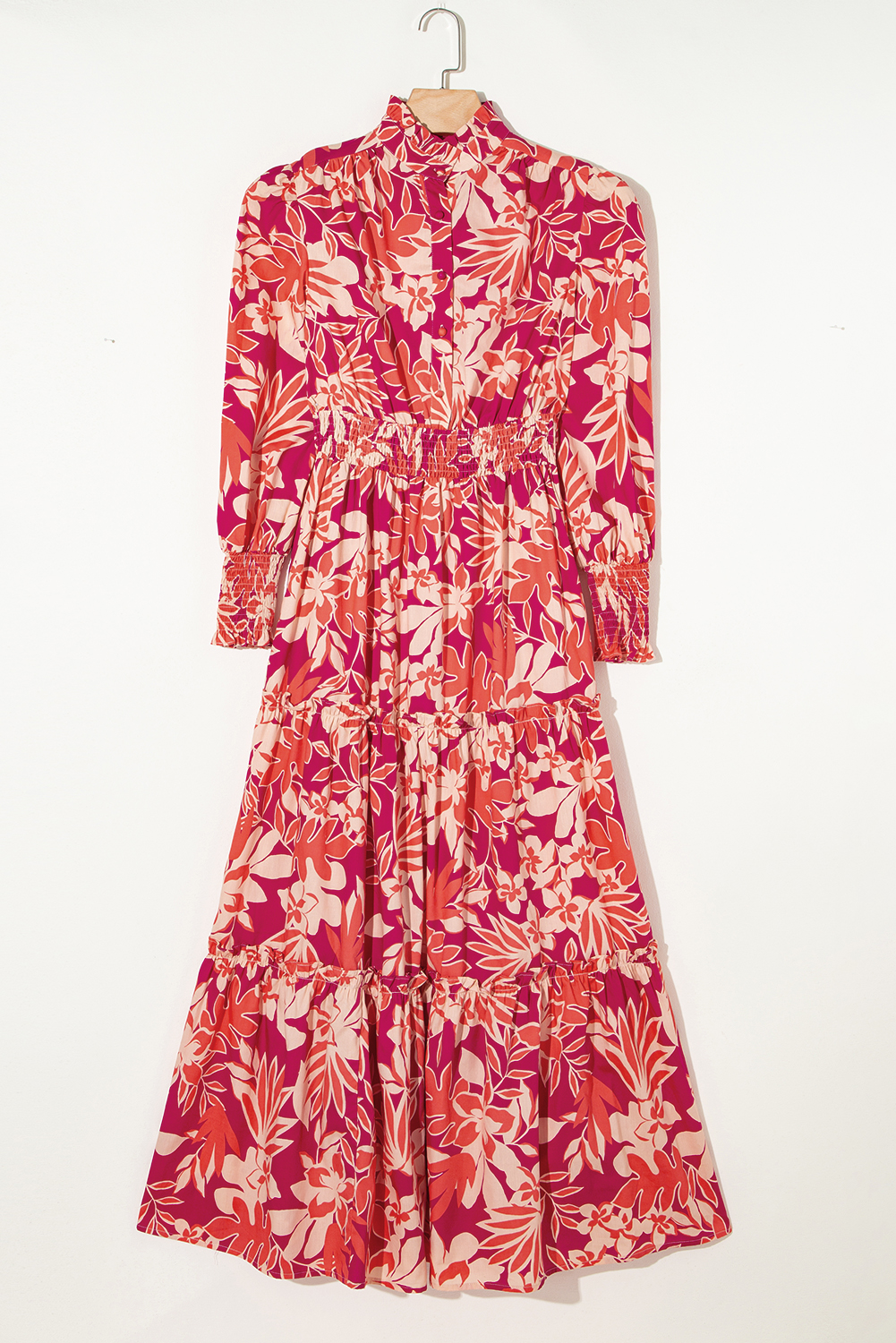 Rose Floral Print Buttoned Smocked High Waist Maxi Dress - Image 4