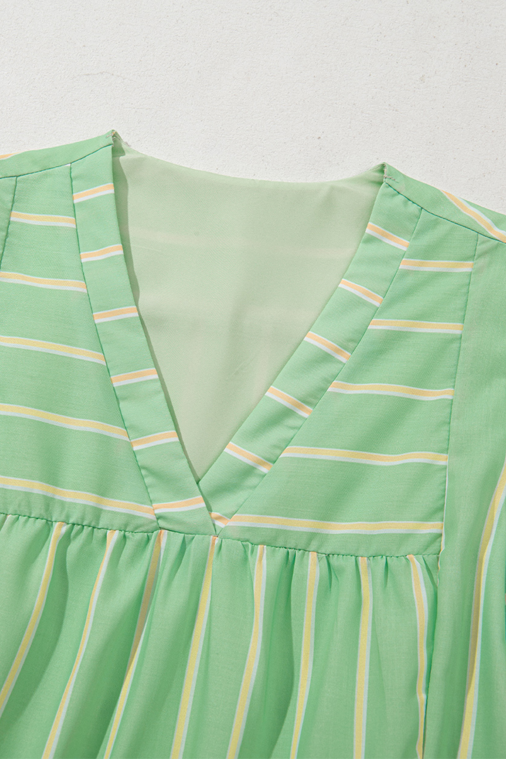 Green Stripe V Neck Short Sleeve Frilled Detail A-line Dress - Image 8