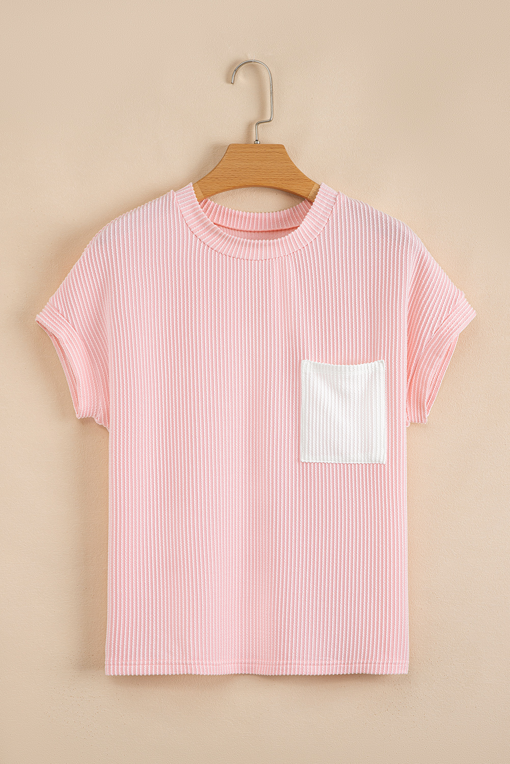 Pink Corded Knit Color Block Pocketed Crew Neck T Shirt - Image 6