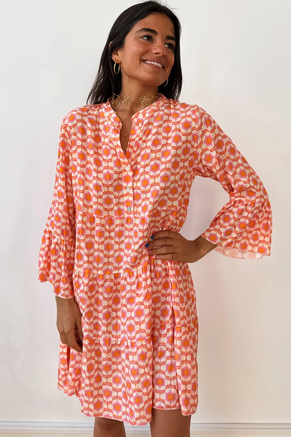 Orange Floral Print Flounce Sleeve Buttoned Front Mini Dress - Image 3