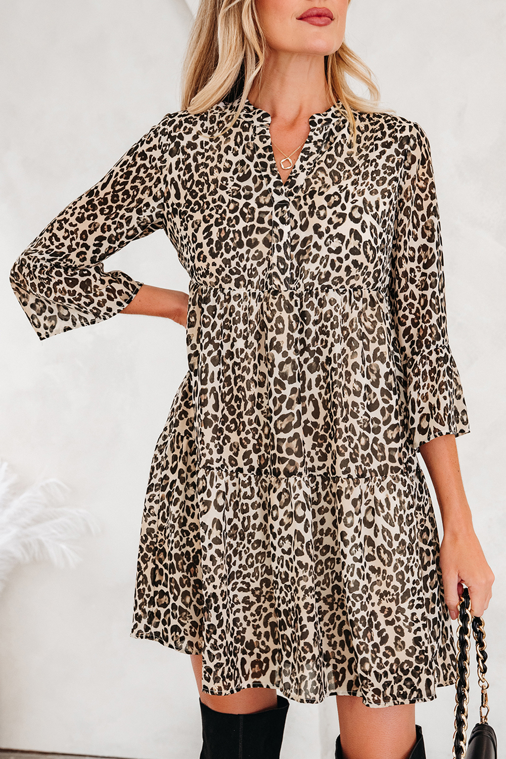Khaki Leopard 3/4 Sleeve V Neck Swing Dress - Image 6