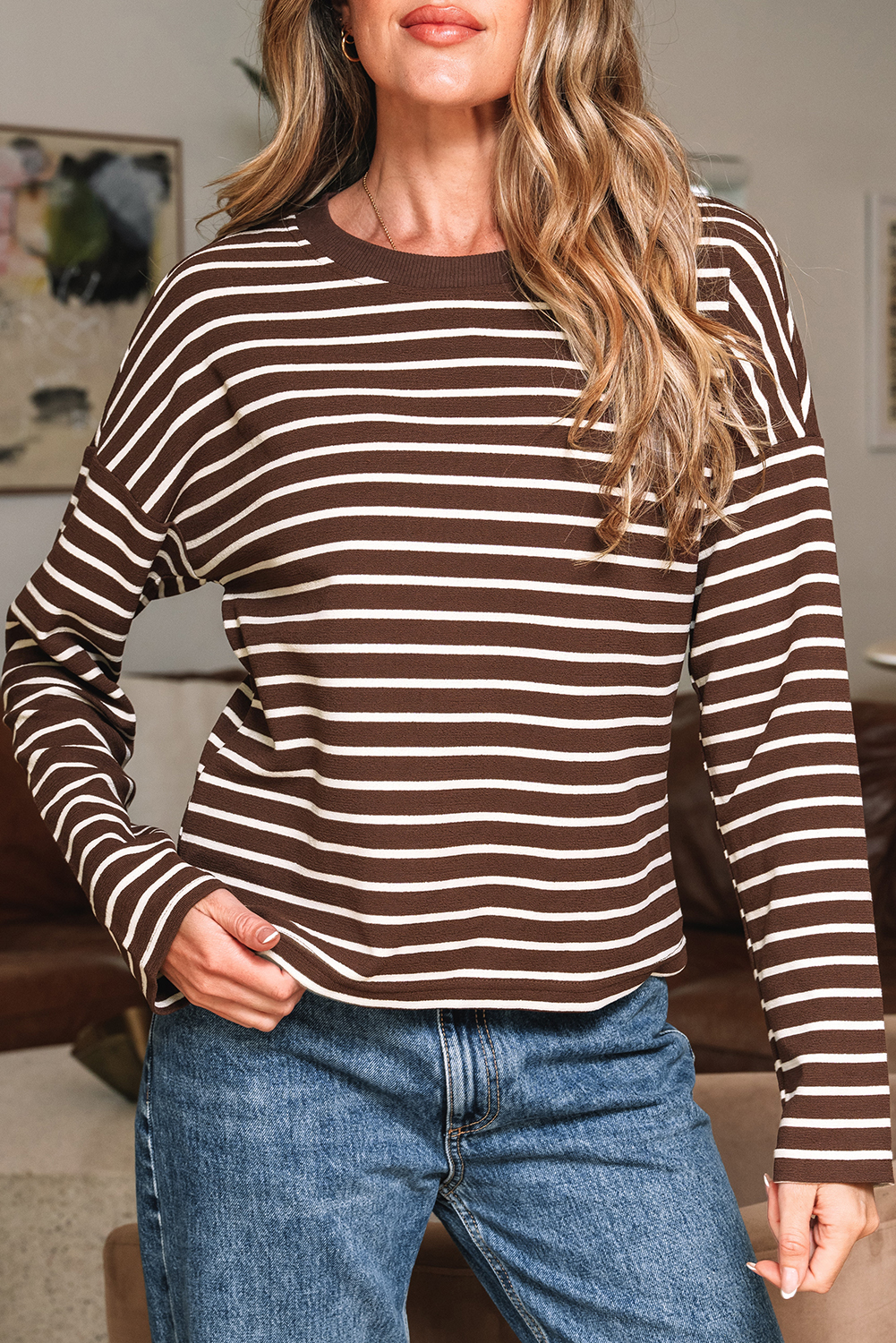 Brown Stripe Ribbed Cropped Crew Neck Long Sleeve T Shirt - Image 8