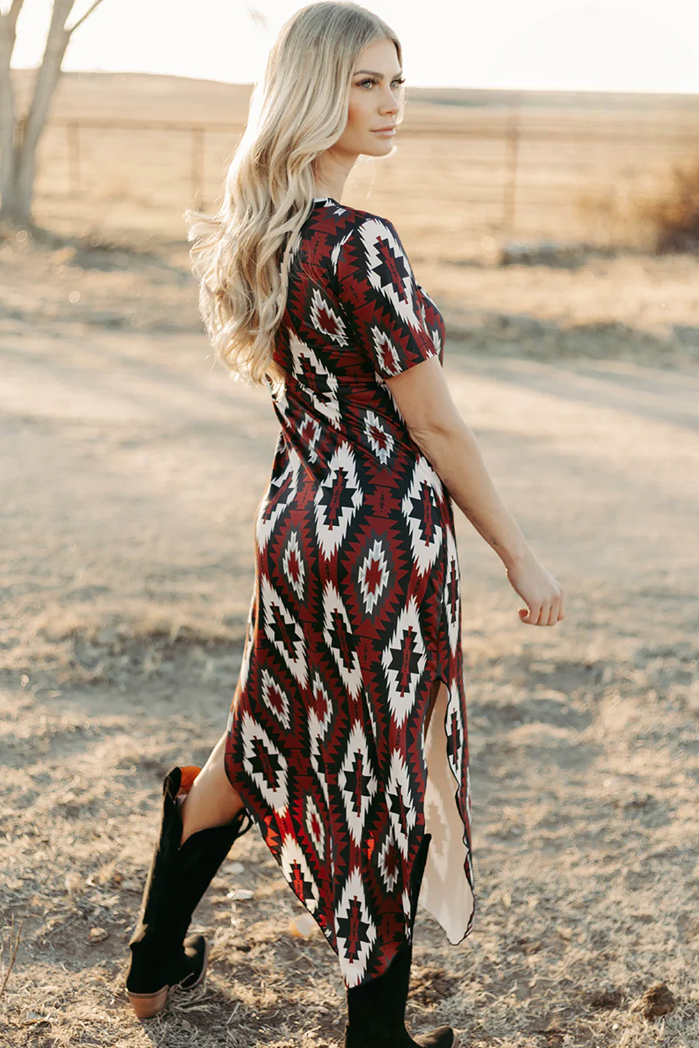 Red Western Aztec Printed Long T-shirt Dress - Image 5