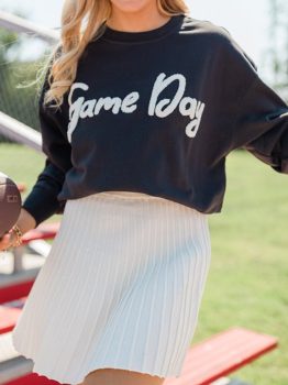 Black Chenille Game Day Graphic Drop Shoulder Sweatshirt